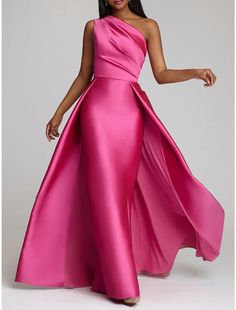 Sheath / Column Evening Gown Hot Pink Dress Wedding Guest Floor Length Sleeveless One Shoulder Satin with Overskirt Pure Color Red Green Dress, Luxurious Dresses, Pink Sleeveless Dress, Evening Dresses Online, Pink Wedding Dresses, Cheap Evening Dresses, Dress Wedding Guest, Dresses Formal Elegant, Party Kleidung