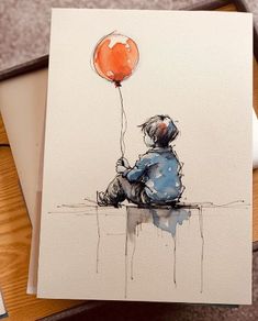 a watercolor painting of a boy sitting on a ledge holding an orange balloon in his hand