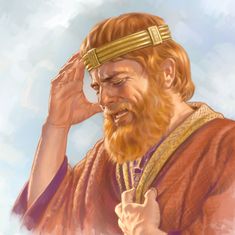 an image of a man with a beard and gold headband holding his hand up to his ear