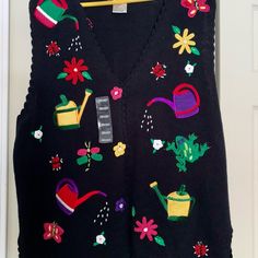 Stylish Vest Black Edgy Vest With Graphic Print, Punk Sweater Vest, Funky Sweater Vest, Graphic Sweater Vest, Sleeveless Folk Vest With Floral Embroidery, Womens Black Vest, 34th Birthday, Sweater Vests, Womens Vest