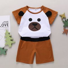 Summer toddler kids cartoon bear short-sleeved suit - PrettyKid Cute Short Sleeve Sets With Character Print, Family Matching Sets With Cartoon Print Short Sleeves, Cute Cartoon Print Short Sleeve Sets, Cute Short Sleeve Sets With Cartoon Print, White Short Sleeve Sets With Character Print, Brown Short Sleeve Sets For Summer, Kids Cartoon, Cartoon Bear, Brown Pants