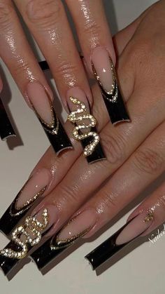 Black Prom Nails, Shorties Nails, Black Acrylic Nail Designs, Shiny Nails Designs, Gold Acrylic Nails, Purple Acrylic Nails, Fancy Nails Designs, French Acrylic Nails