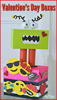 valentine's day boxes made out of cardboard and embellished with hearts, eyes, mouths and noses