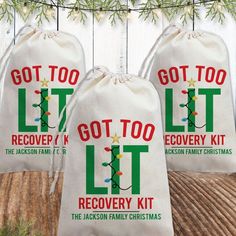 three bags with the words got too lit recovery kit on them