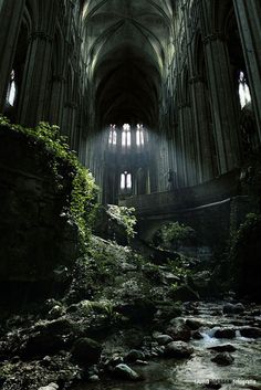 the inside of a cathedral with water running through it