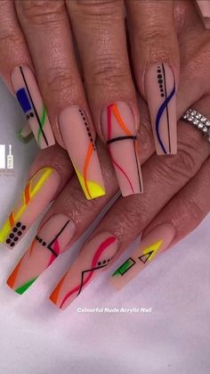 All Over Nail Design, Line Design Nails Coffin, Spring 2023 Nail Trends Coffin, Drastic Nail Designs, Colorblock Nails Acrylic, Nigerian Nail Design, Color Pop Nail Art, Colorful Coffin Acrylic Nails, Trendy Acrylic Nail Designs 2023