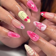 These nails feature a delightful summer design with a pastel palette, including soft pinks, blues, and greens. The nails showcase playful patterns like gingham, strawberries, and whimsical flowers, evoking the fun and freshness of a summer picnic.  🌸Click on the image to shop our trending Korean Gel Polish this season.  🌸Credit: beautybycasshtx on Instagram 🌸summer nails, pastel nails, gingham nails, strawberry nails, floral nails, Korean gel polish, trending nail designs, picnic nails, whimsical nails, soft pink nails, blue nails, green nails, playful nail art, summer nail trends, cute nail designs, fresh nails, picnic-inspired nails, summer manicure, pastel nail art, fun nail designs. Nails Soft Pink, Gingham Nails, Picnic Nails, Whimsical Nails, Korean Gel Polish, Simple Gel Nails, Girly Acrylic Nails