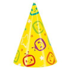 a yellow party hat with cartoon faces on it's side and stars around the edges