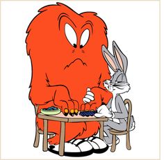 a cartoon character sitting at a table with an angry bunny on it's lap