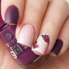 Matte floral nails Navy Nail Art, Floral Nail Art, Rose Nails, Dark Rose, Gel Nail Designs, Nail Designs Spring, Cool Nail Designs, Floral Nails, Cute Nail Designs