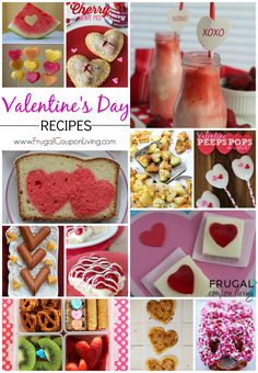 valentine's day recipe collage with images of heart shaped treats and desserts