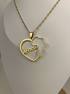 Gender: Unisex Pendant Design: African Map With Heart inside Material: Gold plated stainless steel Chain Type: Water-Wave Chain Chain Length: 45 cm or 17 inches Heart-shaped Metal Name Necklace, Personalized Heart Shape Metal Chain Necklace, Map Of Africa, African Love, African Map, Africa Map, Pendant Design, Heart On, Love Necklace