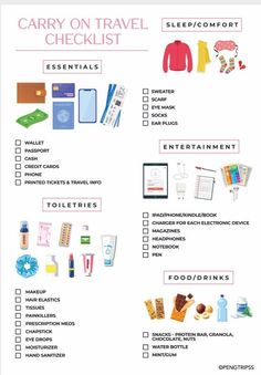 the carry on travel checklist is filled with items to pack for your trip or vacation