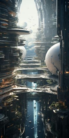 a futuristic city with lots of tall buildings in the distance and water running through it