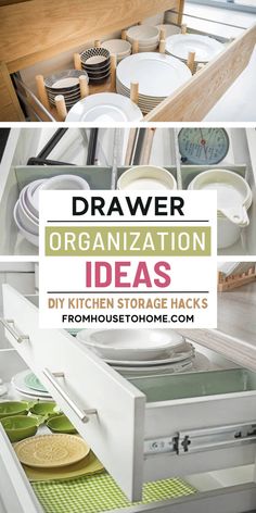 an open drawer with plates and bowls in it that says drawer organization ideas diy kitchen hacks