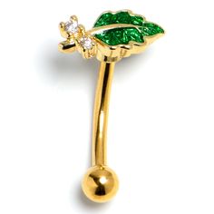 a gold plated belly ring with green leaf and crystal stones on the end,