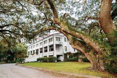 a large white house surrounded by trees and grass