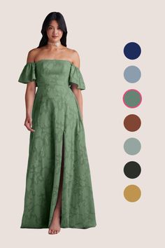 a woman in a green dress standing next to color swatches and the same image