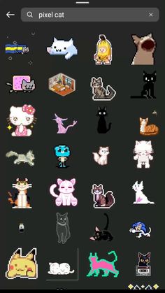 pixel cat stickers on the back of an iphone screen, showing different types of cats and