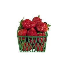 a green basket filled with lots of ripe strawberries on top of a white background