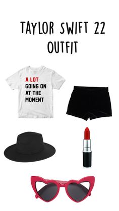 taylor swift's outfit is shown with red lipstick, sunglasses and t - shirt