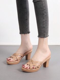 Women Criss Cross Chunky Heeled Mule Sandals, Vacation Black Heeled Sandals | SHEIN USA Casual Block Heels With Padded Closed Toe, Casual Block Heels With Padded Heel And Closed Toe, Casual Closed Toe Block Heels With Padded Heel, Casual Spring Block Heels With Round Toe, Casual Block Heels With Wooden Heel For Spring, Spring Casual Block Heels With Wooden Heel, Casual High Heel Block Heels For Vacation, Casual Platform Block Heels For Beach, Casual Summer Platform Block Heels