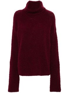 wine red wool-cashmere blend chunky knit roll neck long sleeves straight hem Winter Textured Knit High Neck Turtleneck, Red Cashmere Sweater For Fall, Winter Wool Textured Knit Turtleneck, Winter Textured Wool Turtleneck, Winter Wool Fine Knit Turtleneck, Red Fine Knit Wool Sweater, Cozy Wool Turtleneck With Ribbed Cuffs, Red Long Sleeve Turtleneck For Fall, Fall Merino Wool Textured Turtleneck