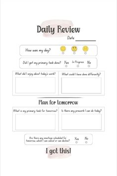 the daily review worksheet is filled with text and smiley faces, which are on top of each other