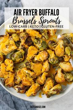 an air fryer buffalo brussel sprouts recipe on a white plate