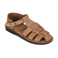 Daniel Camel Brown Nubuck - Leather Fisherman Sport Sandal - front view Brown Sport Sandals With Buckle Closure For Beach, Brown Beach Sport Sandals With Buckle Closure, Brown Leather T-strap Sandals With Woven Sole, Brown T-strap Sandals With Woven Sole And Open Toe, Brown Open Toe T-strap Sandals With Woven Sole, Classic Brown T-strap Sandals For Summer, Casual T-strap Sandals With Rubber Sole For Beach, Casual Leather T-strap Sandals With Woven Sole, Vacation Leather Footbed Closed Toe Sport Sandals