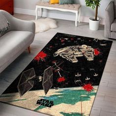 a star wars themed area rug in a living room