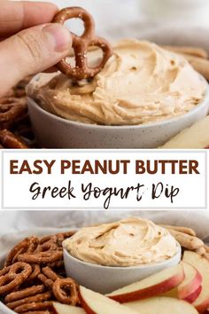 an easy peanut butter greek yogurt dip with pretzels in the background