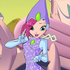 a cartoon character in a purple dress and hat holding a toothbrush up to her ear