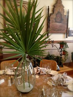 there is a large plant in the center of this dining room table set with wine glasses