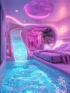 a bedroom with a bed and a water slide in the middle of it, next to a swimming pool