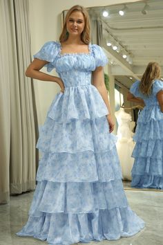 Organza Light Blue Tiered Prom Dress with Corset Prom Dress With Corset, Wedding Dress Petticoat, Light Blue Bridesmaid, Tiered Prom Dress, Light Blue Prom Dress, Dress With Corset, Dress With Puff Sleeves, Stylish Short Dresses, Tulle Bridesmaid Dress