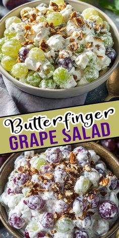 a bowl filled with grapes salad next to another bowl full of grapes and walnuts