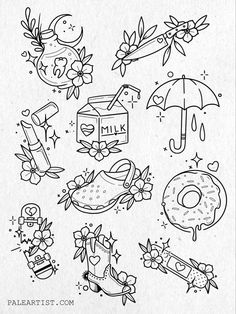 an ink drawing of various items that are in the shape of flowers and umbrellas