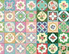 many different colored tiles with flowers and leaves on them, all arranged in the same pattern