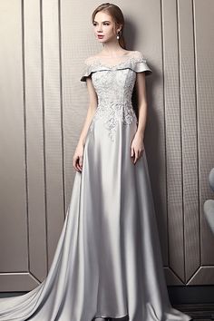 Grey Gowns Elegant, Grey Wedding Dress, Grey Gown, Evening Dresses Uk, Gowns Elegant, Long Sleeve Evening Gowns, Dress Sleeve Length, Long Evening Dress, Long Sleeve Prom