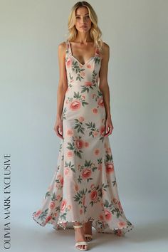 Olivia Mark - Elegant Gardenia Floral Maxi Dress with Asymmetrical Hemline and Ruffled Straps Flowing Skirt, Floral Maxi, Fitted Bodice, Olivia Mark, Floral Maxi Dress, Evening Wear, Timeless Pieces, Elegant Dresses, Bodice