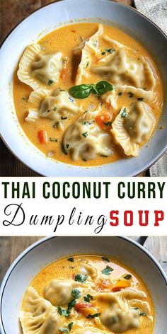 thai coconut curry dumpling soup in a white bowl