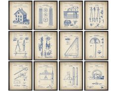 nine blueprinted drawings of different types of machinery