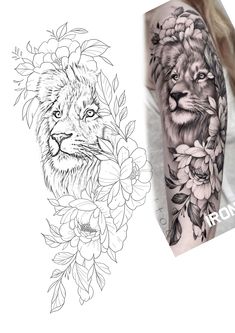 a woman's arm with flowers and a lion tattoo on it