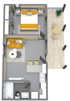 A grey and yellow 3D floor plan with one bedroom and a porch. House Floor Plan Design, Bedroom Closets, Home Design Floor Plans, Full Bathroom