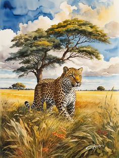 a painting of a leopard standing in the middle of a field with trees and clouds