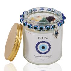 PRICES MAY VARY. MEANINGFUL EVIL EYE CANDLE - evil eye sign is known as a protection in Turkish and Greek culture, fortune, protection and prosperity, this evil eye candle and bracelet is believed to ward off misfortune, wearing this jewelry or lighting the candle can bring good luck when entering a negative environment, expressing people's desire to avoid bad luck. UNIQUE HEALING CRYSTALS & STONES CANDLES - This evil eye protection candle combines the healing power of crystals inside with the r Evil Eye Soap, Evil Eye Candle, Evil Eye Spiritual, Eye Candle, Candle With Crystals, Eye Spiritual, Evil Eye Decor, Protection Candle, Eucalyptus Candle