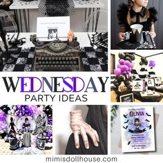 a collage of halloween themed party items and decorations with the words wednesday party ideas