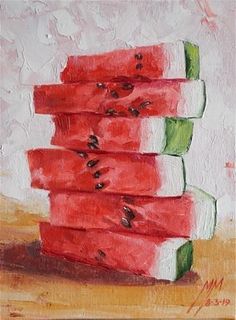 a painting of watermelon slices stacked on top of each other