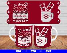 two coffee mugs with christmas movies on them, one is red and the other is white